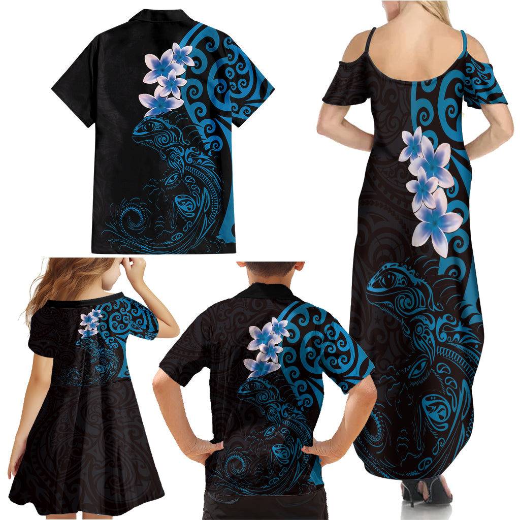 New Zealand Tuatara Plumeria Family Matching Summer Maxi Dress and Hawaiian Shirt Maori Blue Koru Tribal Tattoo