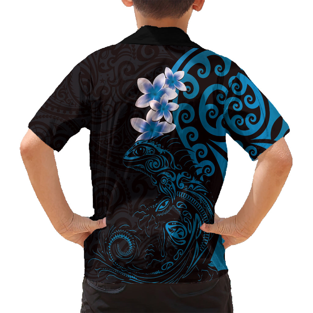 New Zealand Tuatara Plumeria Family Matching Tank Maxi Dress and Hawaiian Shirt Maori Blue Koru Tribal Tattoo LT01 - Polynesian Pride