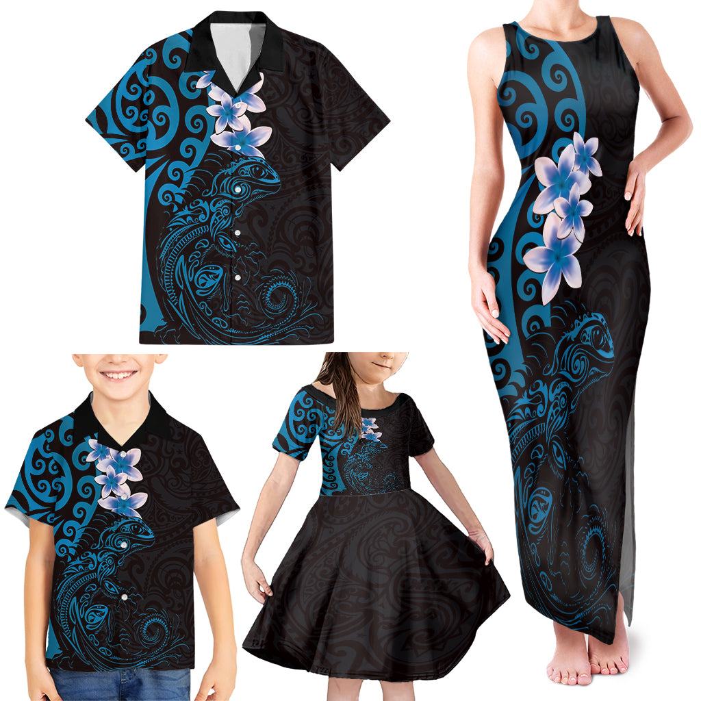 New Zealand Tuatara Plumeria Family Matching Tank Maxi Dress and Hawaiian Shirt Maori Blue Koru Tribal Tattoo LT01 - Polynesian Pride