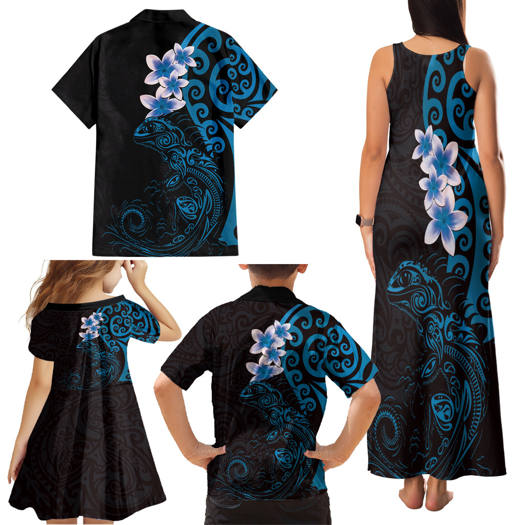 New Zealand Tuatara Plumeria Family Matching Tank Maxi Dress and Hawaiian Shirt Maori Blue Koru Tribal Tattoo LT01 - Polynesian Pride