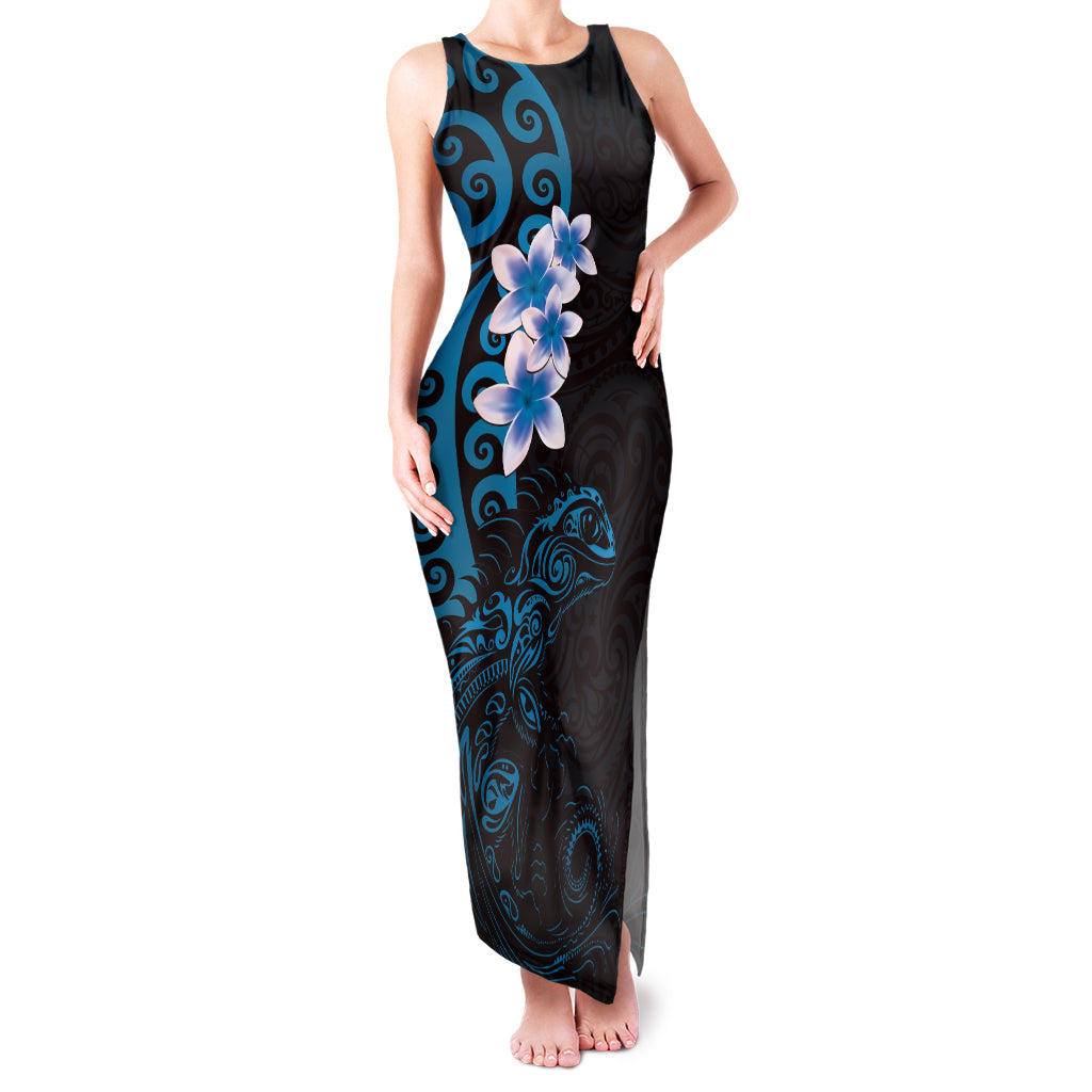 New Zealand Tuatara Plumeria Family Matching Tank Maxi Dress and Hawaiian Shirt Maori Blue Koru Tribal Tattoo LT01 Mom's Dress Blue - Polynesian Pride