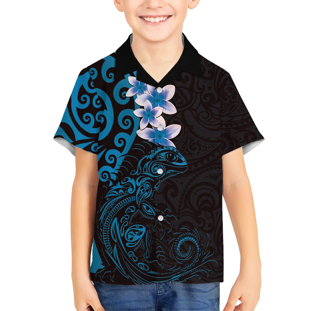 New Zealand Tuatara Plumeria Family Matching Tank Maxi Dress and Hawaiian Shirt Maori Blue Koru Tribal Tattoo LT01 Son's Shirt Blue - Polynesian Pride