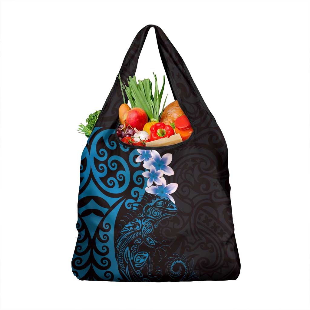 New Zealand Tuatara Plumeria Grocery Bag Maori Blue Koru Tribal Tattoo