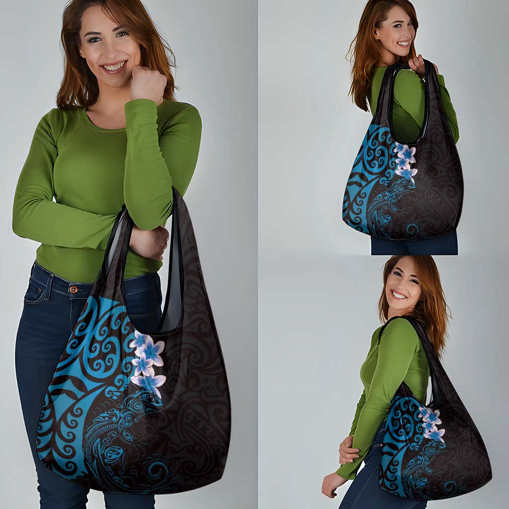 New Zealand Tuatara Plumeria Grocery Bag Maori Blue Koru Tribal Tattoo