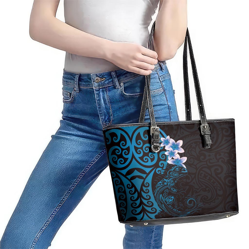 New Zealand Tuatara Plumeria Leather Tote Bag Maori Blue Koru Tribal Tattoo