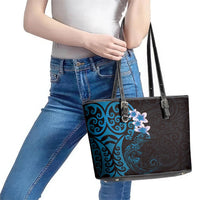 New Zealand Tuatara Plumeria Leather Tote Bag Maori Blue Koru Tribal Tattoo
