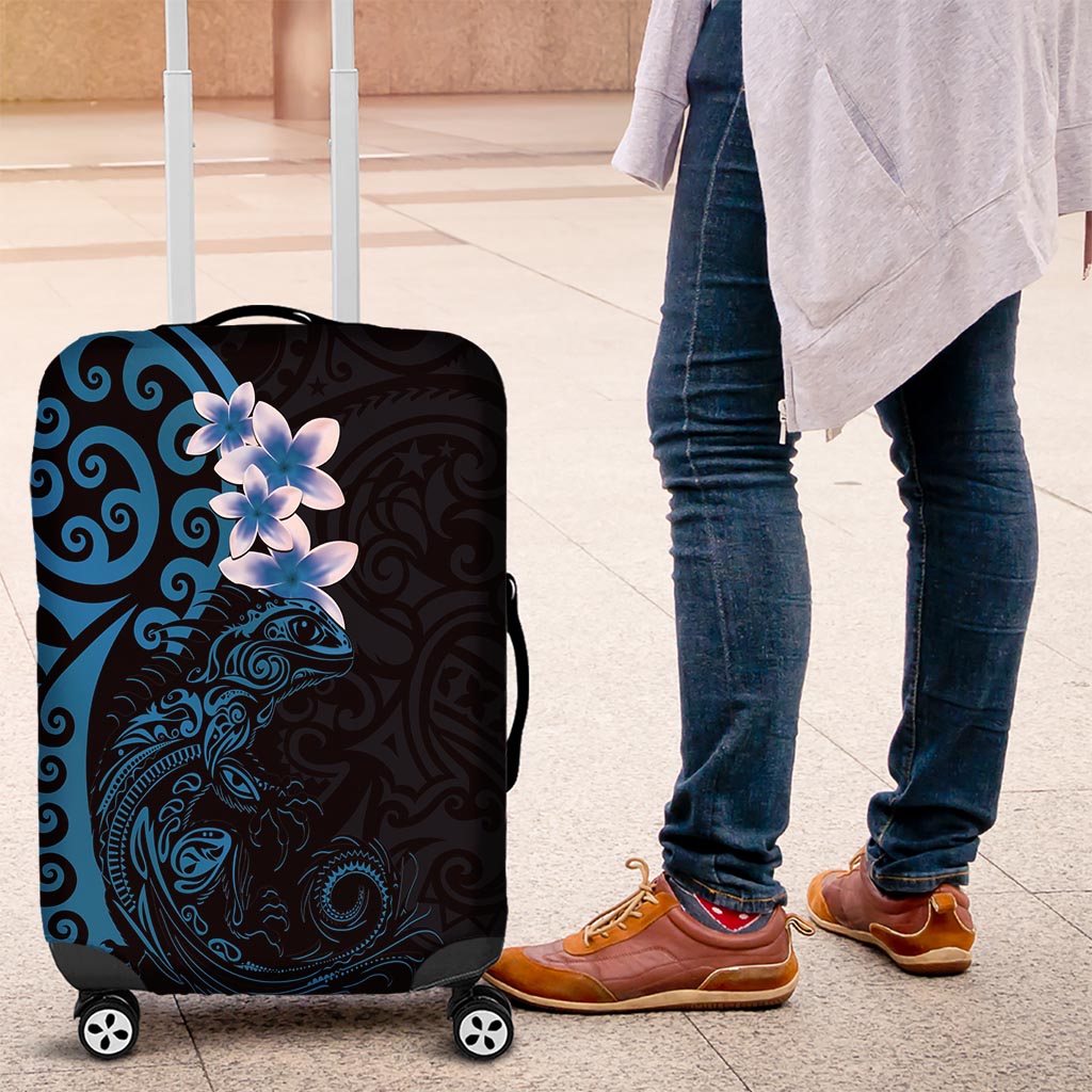 New Zealand Tuatara Plumeria Luggage Cover Maori Blue Koru Tribal Tattoo