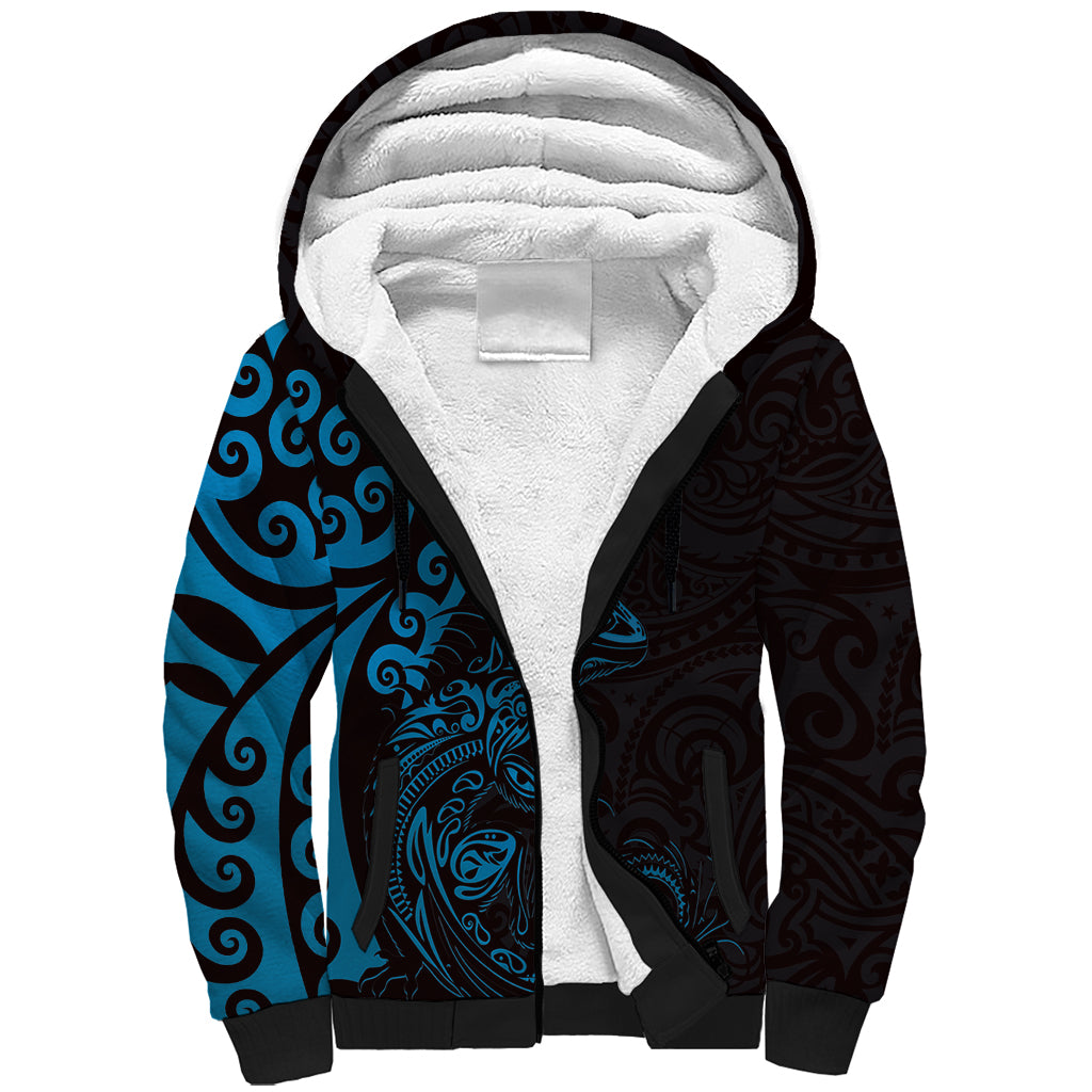 New Zealand Tuatara Plumeria Sherpa Hoodie Maori Blue Koru Tribal Tattoo