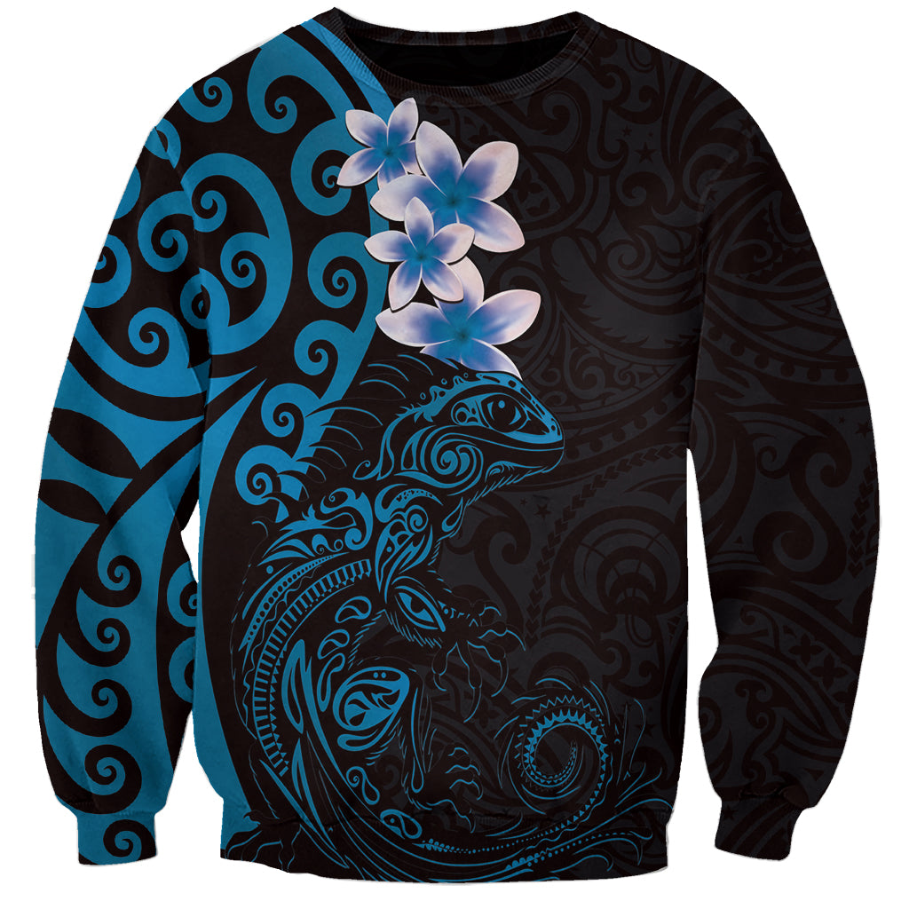 New Zealand Tuatara Plumeria Sweatshirt Maori Blue Koru Tribal Tattoo