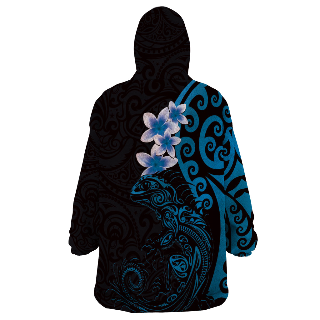 New Zealand Tuatara Plumeria Wearable Blanket Hoodie Maori Blue Koru Tribal Tattoo