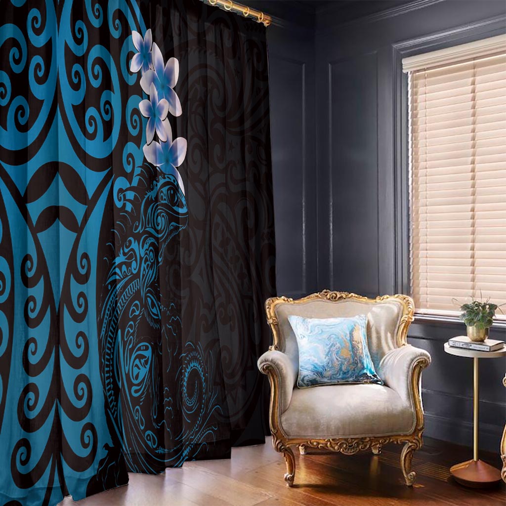 New Zealand Tuatara Plumeria Window Curtain Maori Blue Koru Tribal Tattoo