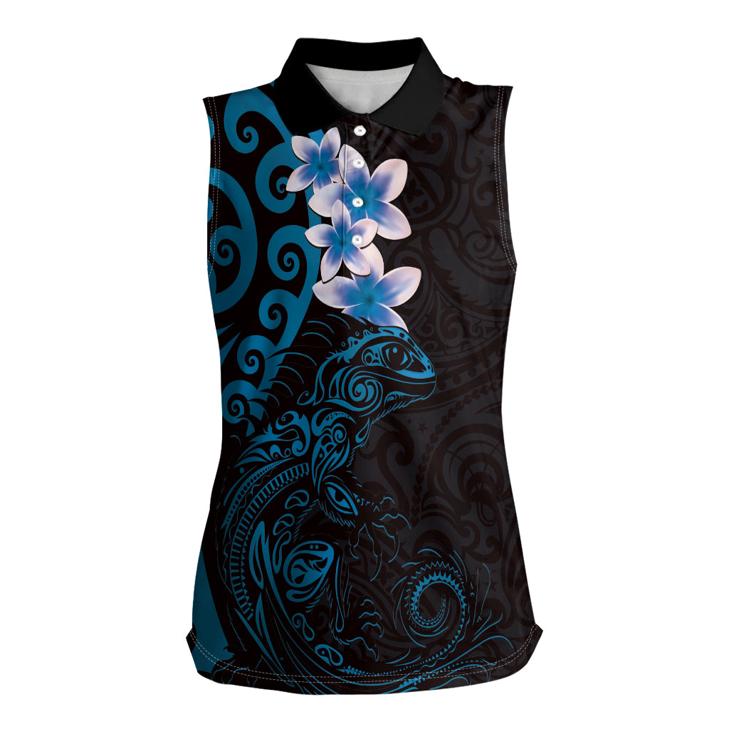 New Zealand Tuatara Plumeria Women Sleeveless Polo Shirt Maori Blue Koru Tribal Tattoo