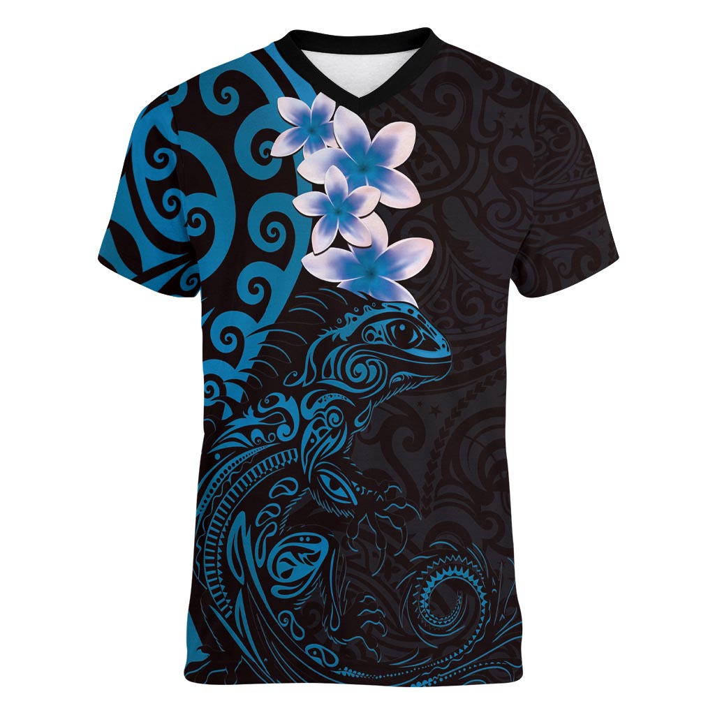New Zealand Tuatara Plumeria Women V-Neck T-Shirt Maori Blue Koru Tribal Tattoo LT01 Female Blue - Polynesian Pride