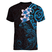 New Zealand Tuatara Plumeria Women V-Neck T-Shirt Maori Blue Koru Tribal Tattoo LT01 - Polynesian Pride