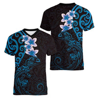 New Zealand Tuatara Plumeria Women V-Neck T-Shirt Maori Blue Koru Tribal Tattoo LT01 - Polynesian Pride