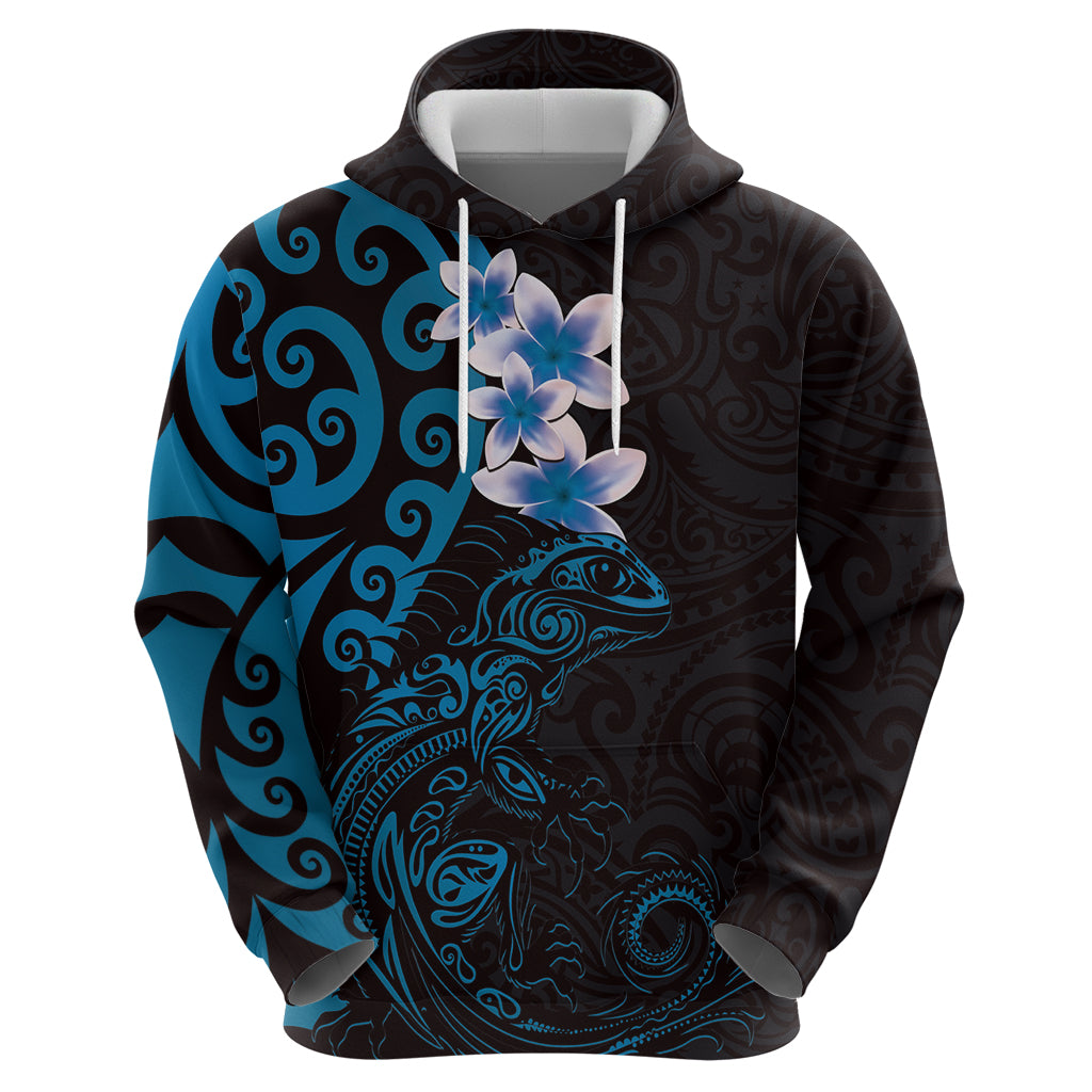 New Zealand Tuatara Plumeria Zip Hoodie Maori Blue Koru Tribal Tattoo