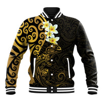 New Zealand Tuatara Plumeria Baseball Jacket Maori Gold Koru Tribal Tattoo