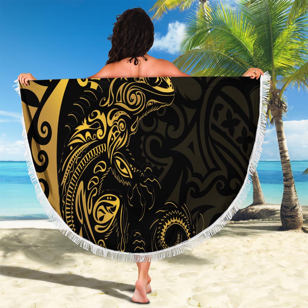 New Zealand Tuatara Plumeria Beach Blanket Maori Gold Koru Tribal Tattoo