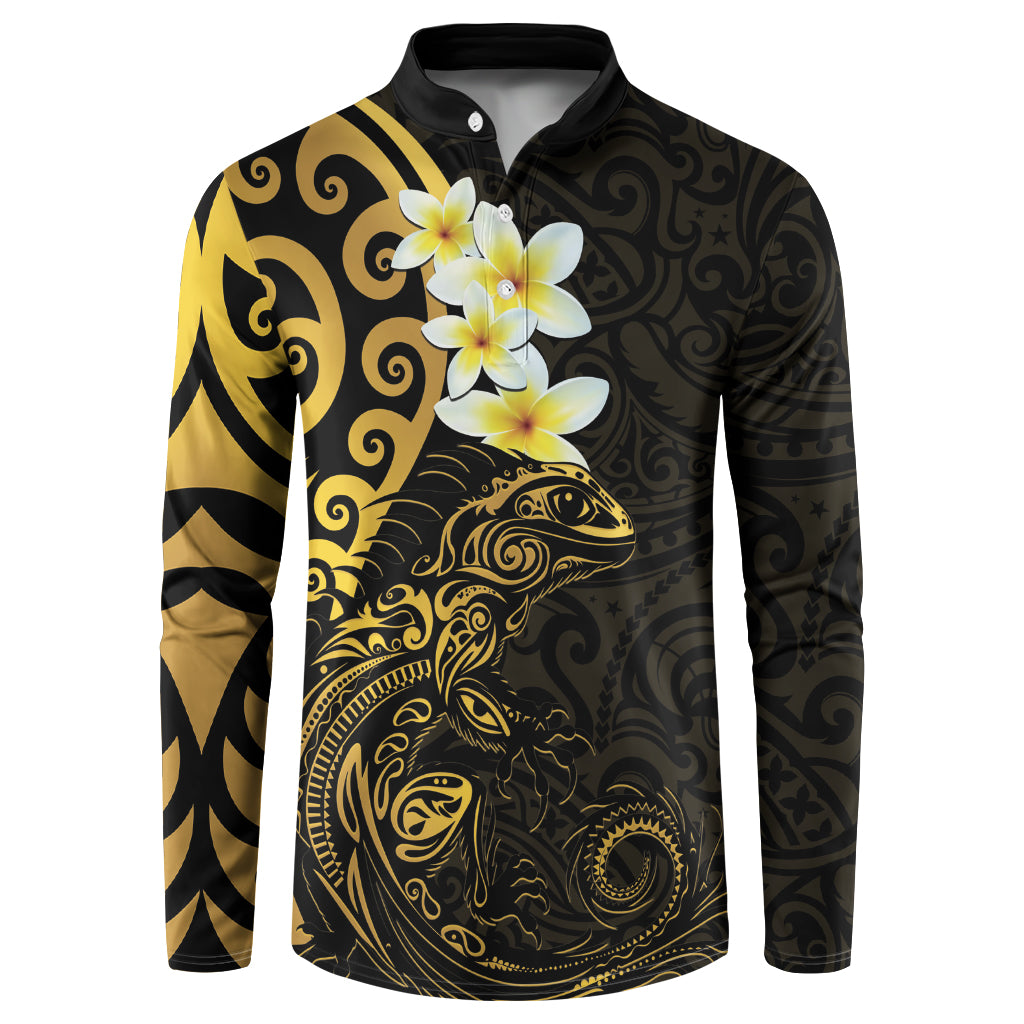 New Zealand Tuatara Plumeria Button Sweatshirt Maori Gold Koru Tribal Tattoo