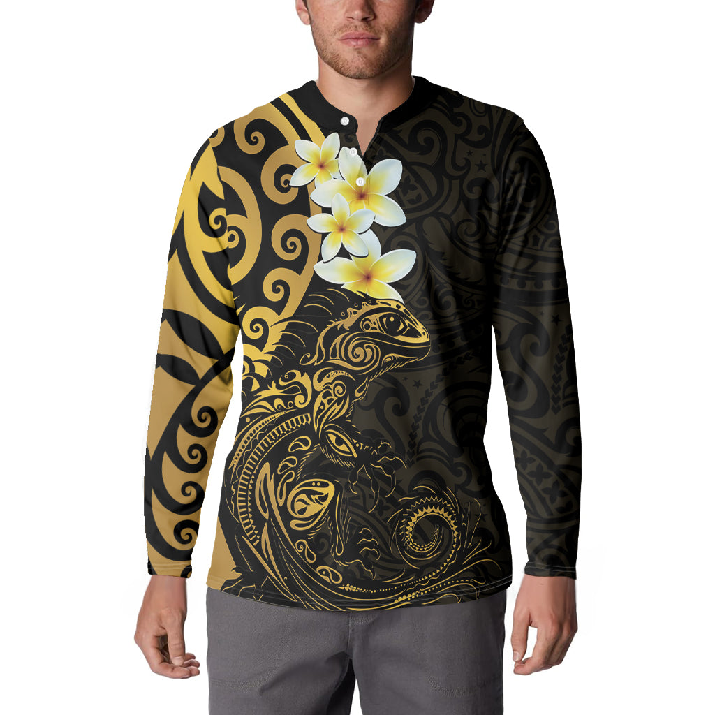 New Zealand Tuatara Plumeria Button Sweatshirt Maori Gold Koru Tribal Tattoo