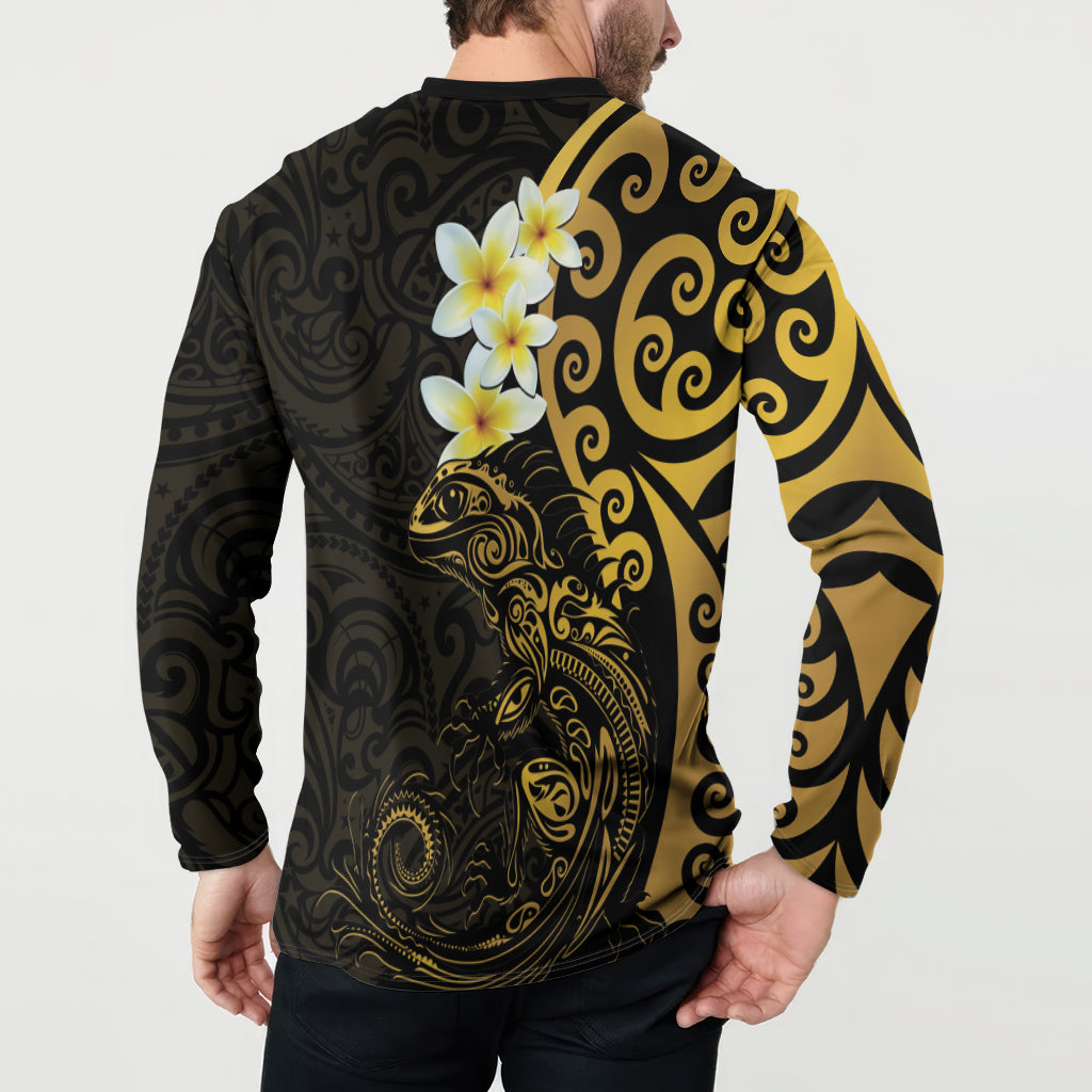 New Zealand Tuatara Plumeria Button Sweatshirt Maori Gold Koru Tribal Tattoo