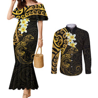New Zealand Tuatara Plumeria Couples Matching Mermaid Dress and Long Sleeve Button Shirt Maori Gold Koru Tribal Tattoo
