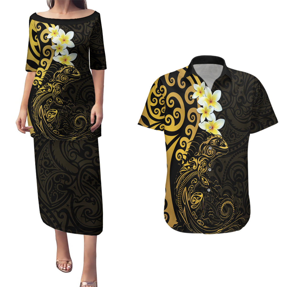New Zealand Tuatara Plumeria Couples Matching Puletasi and Hawaiian Shirt Maori Gold Koru Tribal Tattoo