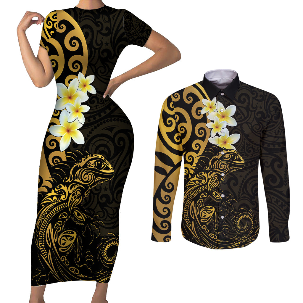 New Zealand Tuatara Plumeria Couples Matching Short Sleeve Bodycon Dress and Long Sleeve Button Shirt Maori Gold Koru Tribal Tattoo