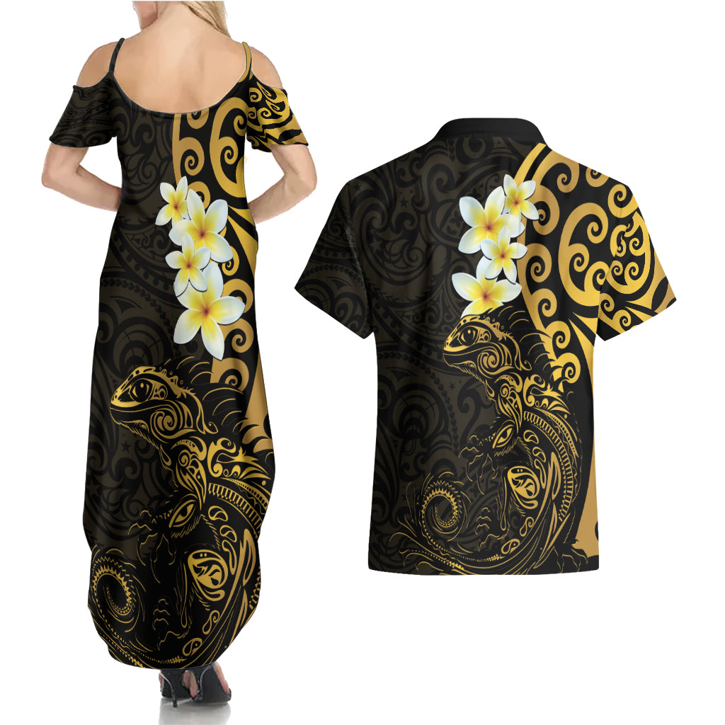 New Zealand Tuatara Plumeria Couples Matching Summer Maxi Dress and Hawaiian Shirt Maori Gold Koru Tribal Tattoo