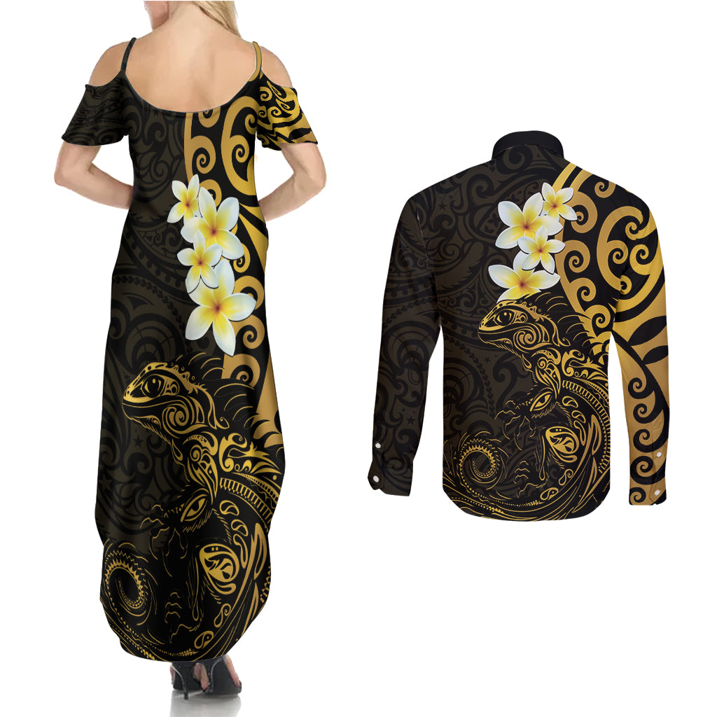 New Zealand Tuatara Plumeria Couples Matching Summer Maxi Dress and Long Sleeve Button Shirt Maori Gold Koru Tribal Tattoo LT01 - Polynesian Pride