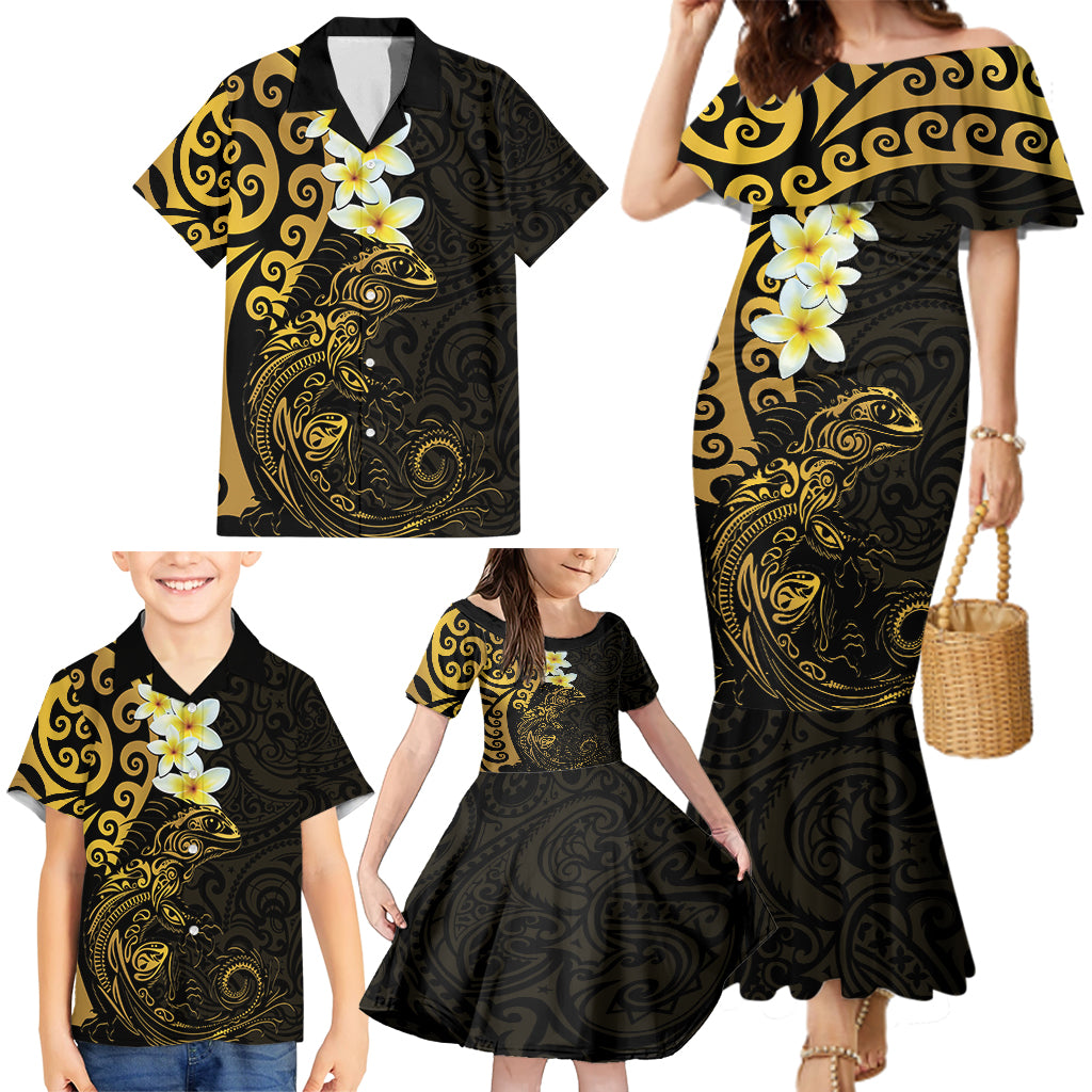 New Zealand Tuatara Plumeria Family Matching Mermaid Dress and Hawaiian Shirt Maori Gold Koru Tribal Tattoo