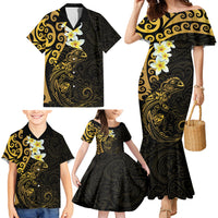 New Zealand Tuatara Plumeria Family Matching Mermaid Dress and Hawaiian Shirt Maori Gold Koru Tribal Tattoo