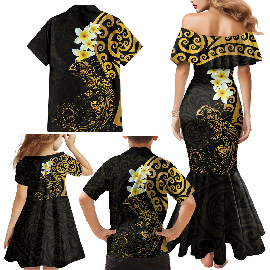 New Zealand Tuatara Plumeria Family Matching Mermaid Dress and Hawaiian Shirt Maori Gold Koru Tribal Tattoo