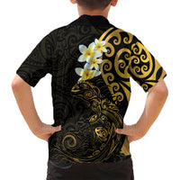 New Zealand Tuatara Plumeria Family Matching Off Shoulder Short Dress and Hawaiian Shirt Maori Gold Koru Tribal Tattoo
