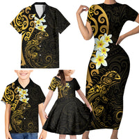 New Zealand Tuatara Plumeria Family Matching Short Sleeve Bodycon Dress and Hawaiian Shirt Maori Gold Koru Tribal Tattoo