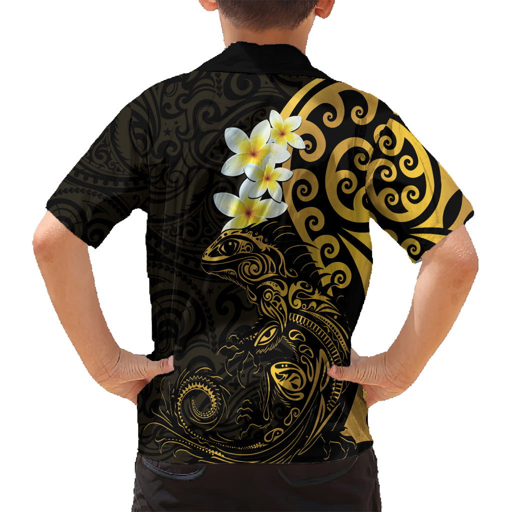 New Zealand Tuatara Plumeria Family Matching Tank Maxi Dress and Hawaiian Shirt Maori Gold Koru Tribal Tattoo