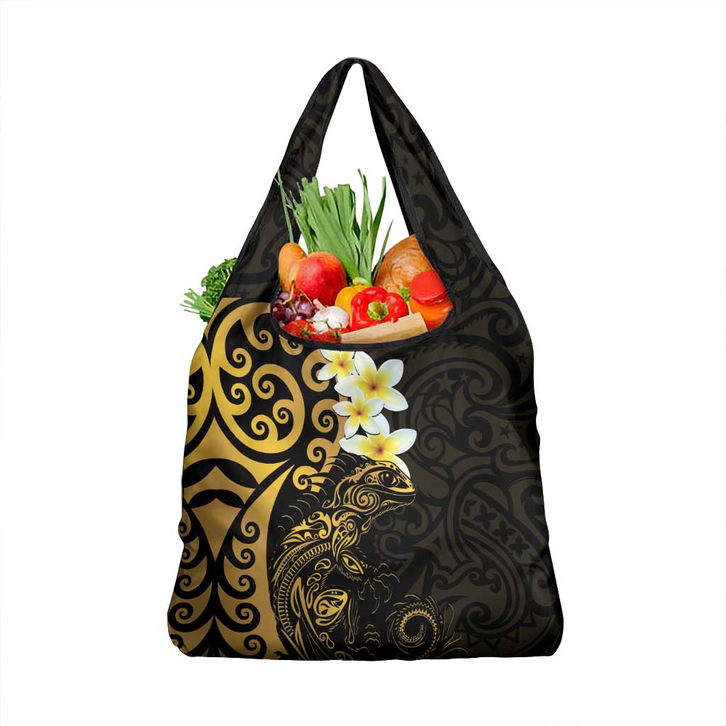 New Zealand Tuatara Plumeria Grocery Bag Maori Gold Koru Tribal Tattoo