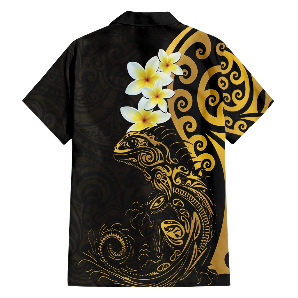 New Zealand Tuatara Plumeria Hawaiian Shirt Maori Gold Koru Tribal Tattoo