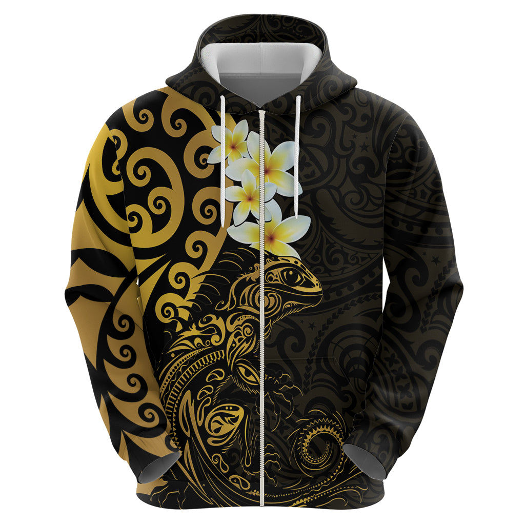 New Zealand Tuatara Plumeria Hoodie Maori Gold Koru Tribal Tattoo