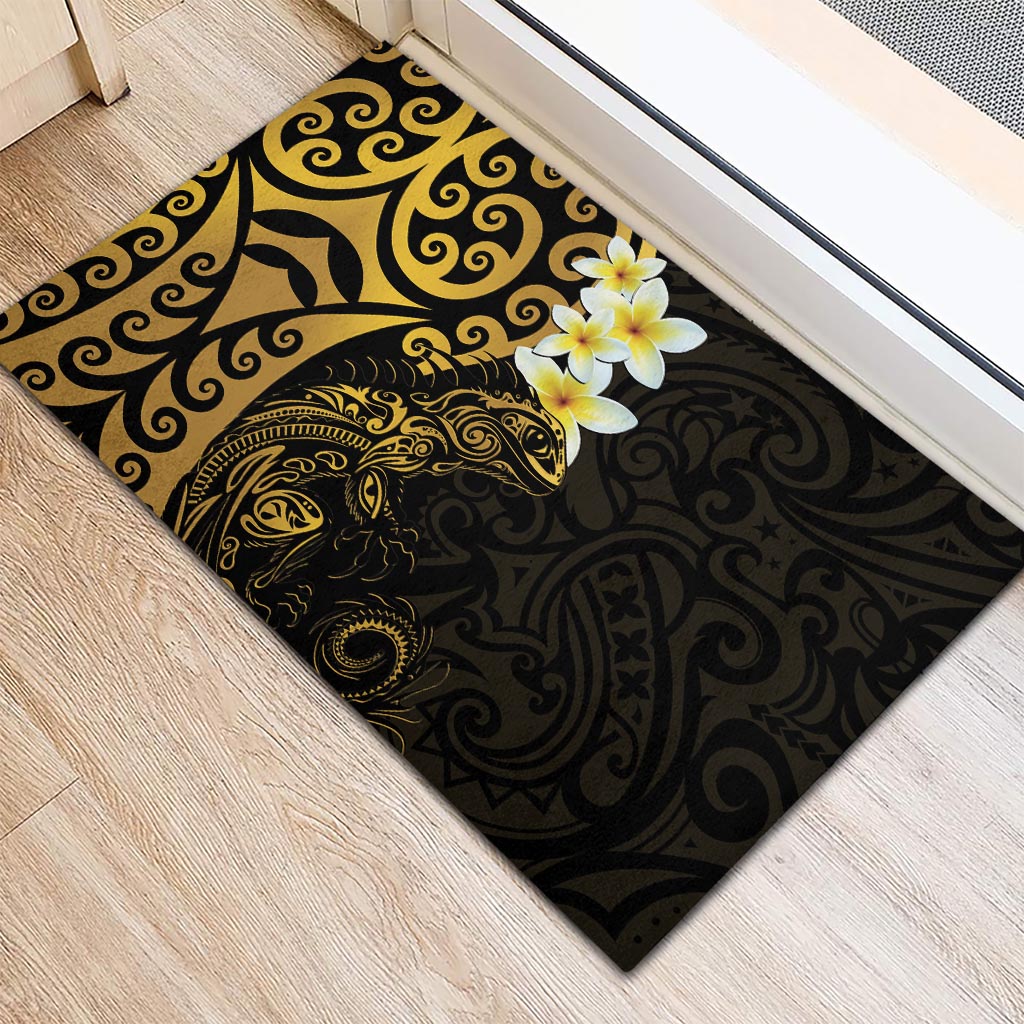 New Zealand Tuatara Plumeria Rubber Doormat Maori Gold Koru Tribal Tattoo