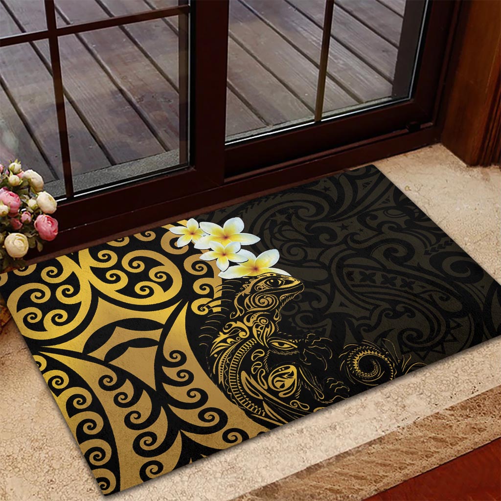 New Zealand Tuatara Plumeria Rubber Doormat Maori Gold Koru Tribal Tattoo