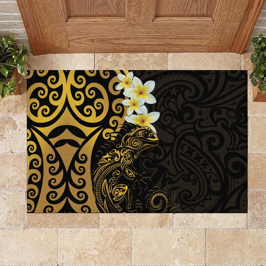 New Zealand Tuatara Plumeria Rubber Doormat Maori Gold Koru Tribal Tattoo