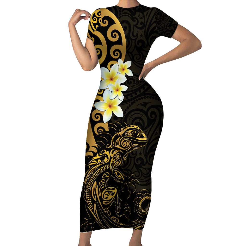 New Zealand Tuatara Plumeria Short Sleeve Bodycon Dress Maori Gold Koru Tribal Tattoo