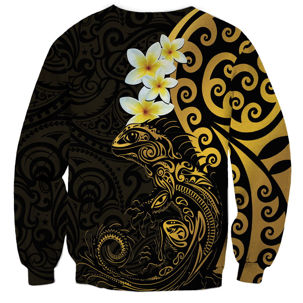New Zealand Tuatara Plumeria Sweatshirt Maori Gold Koru Tribal Tattoo
