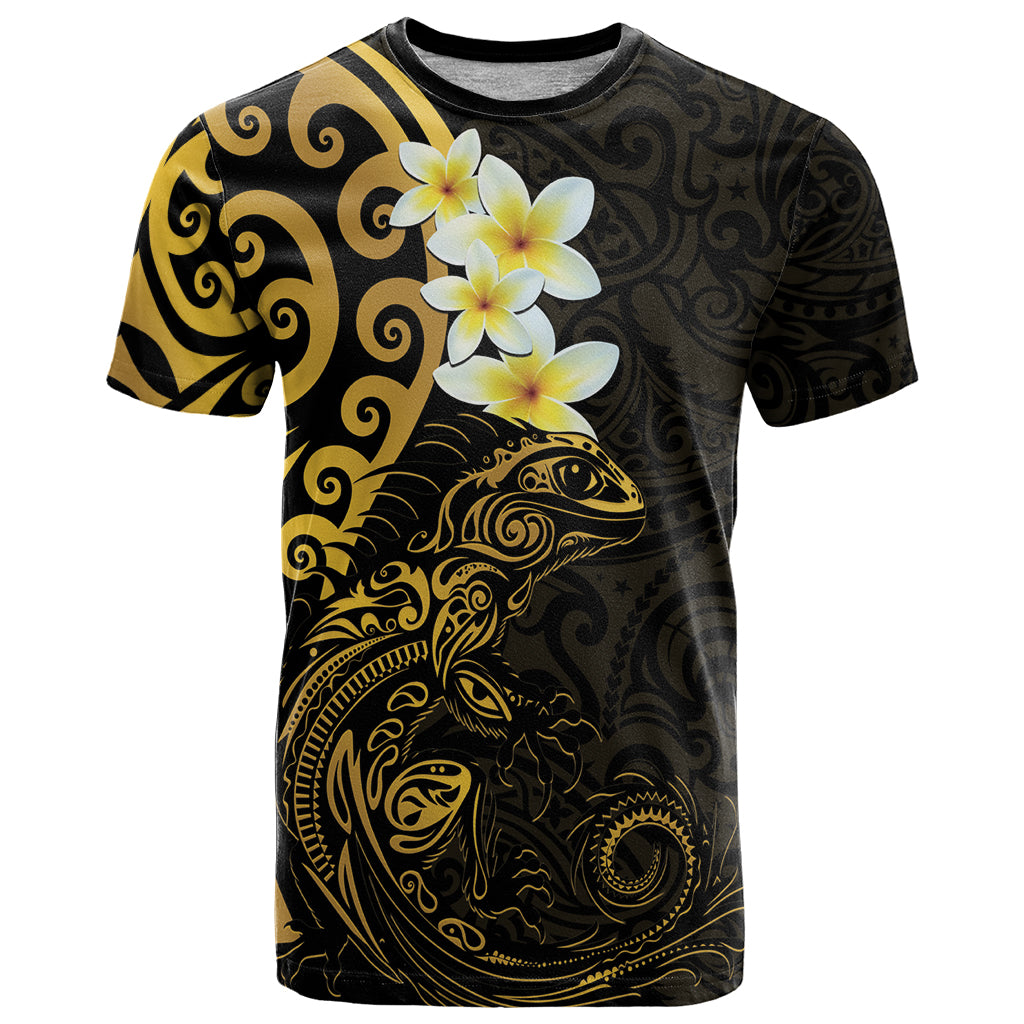 New Zealand Tuatara Plumeria T Shirt Maori Gold Koru Tribal Tattoo LT01 Gold - Polynesian Pride