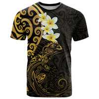 New Zealand Tuatara Plumeria T Shirt Maori Gold Koru Tribal Tattoo LT01 Gold - Polynesian Pride