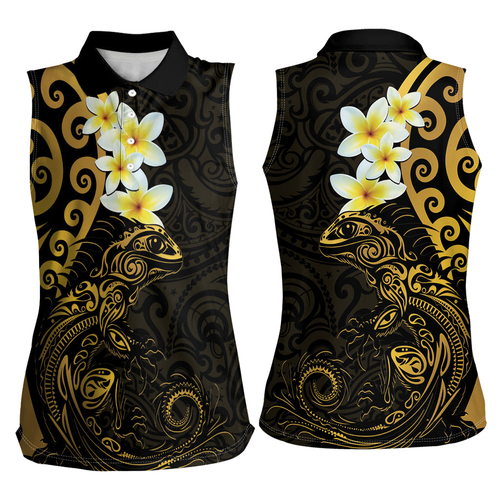 New Zealand Tuatara Plumeria Women Sleeveless Polo Shirt Maori Gold Koru Tribal Tattoo