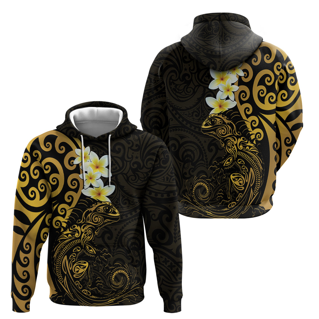 New Zealand Tuatara Plumeria Zip Hoodie Maori Gold Koru Tribal Tattoo