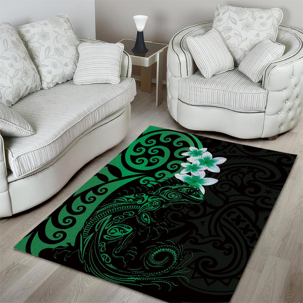 New Zealand Tuatara Plumeria Area Rug Maori Green Koru Tribal Tattoo