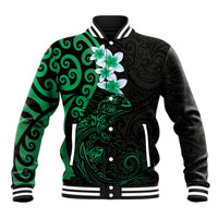 New Zealand Tuatara Plumeria Baseball Jacket Maori Green Koru Tribal Tattoo